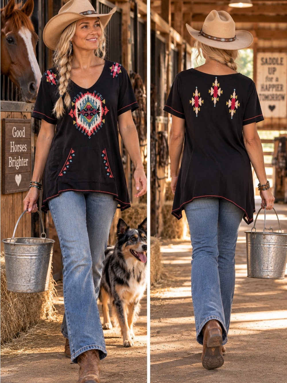 Johnny Was Black Embroidered Short-Sleeve Knit Top